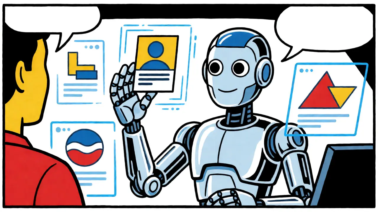 Robot scanning a user profile in a colorful pop art blockchain control room