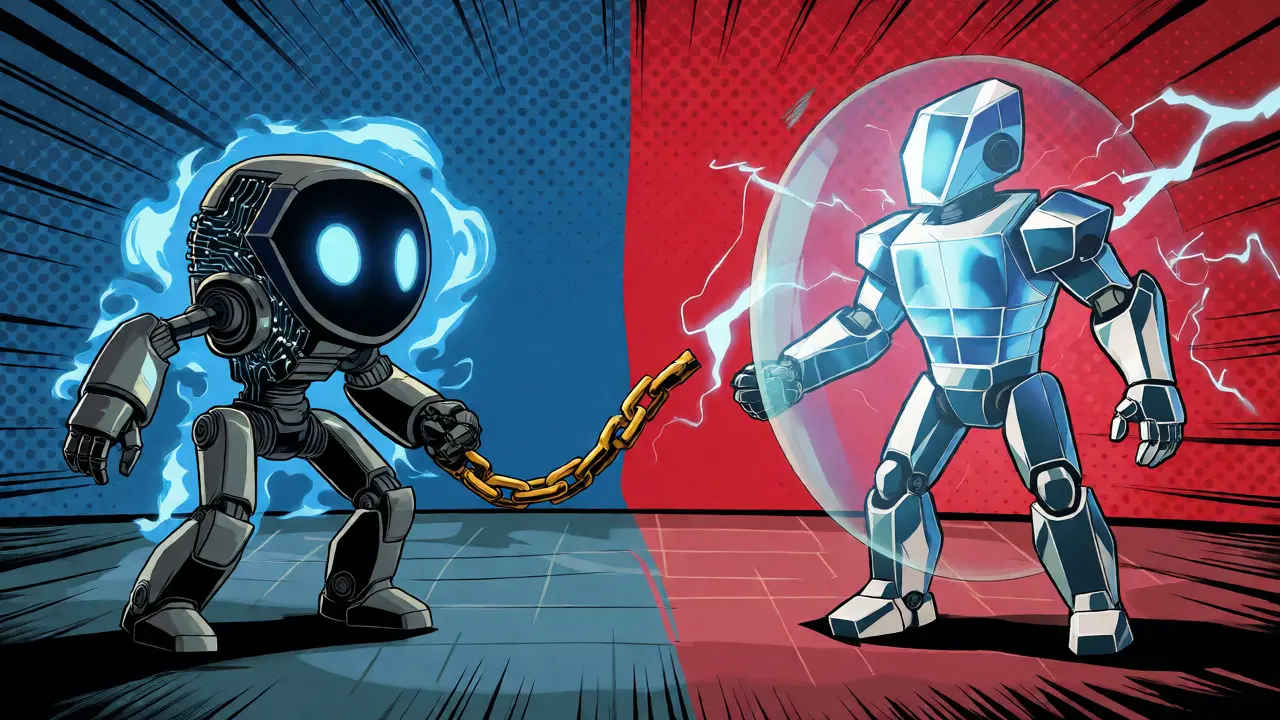 Robotic avatars representing zk-SNARKs and zk-STARKs facing off in a digital arena