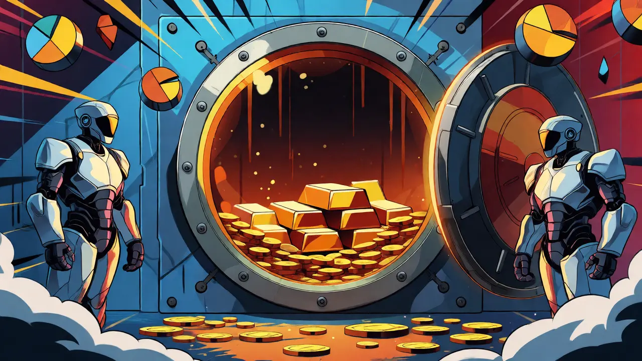 Robotic guards protecting a vault of gold coins in comic art