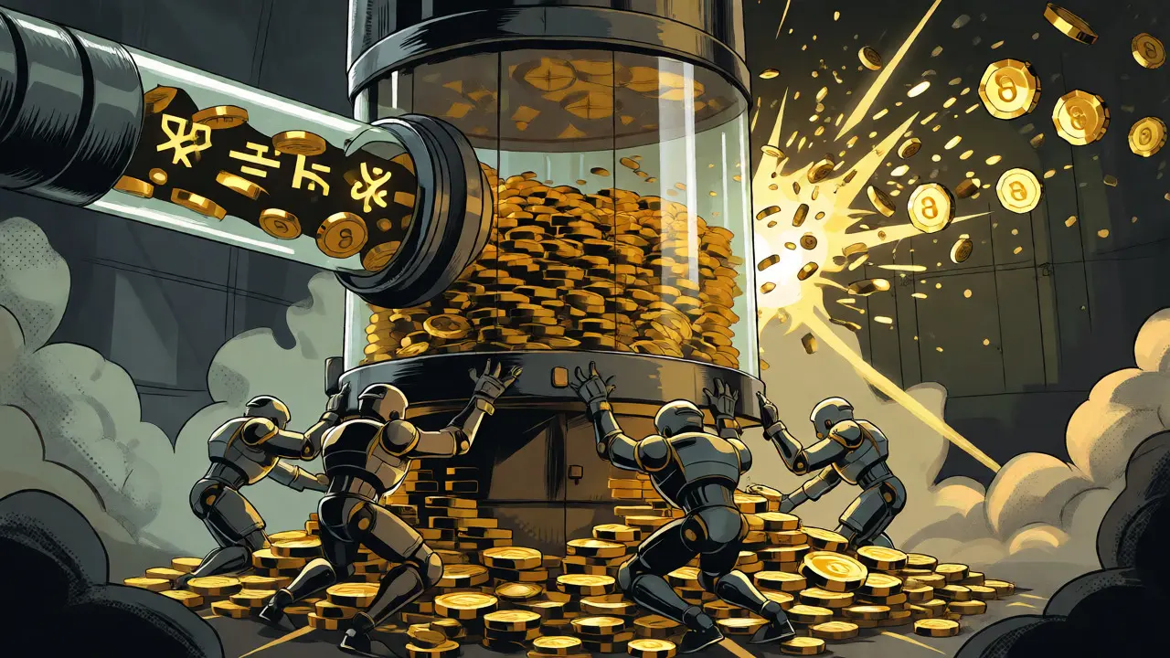 Robotic validators securing a vault while RUNE tokens burn away
