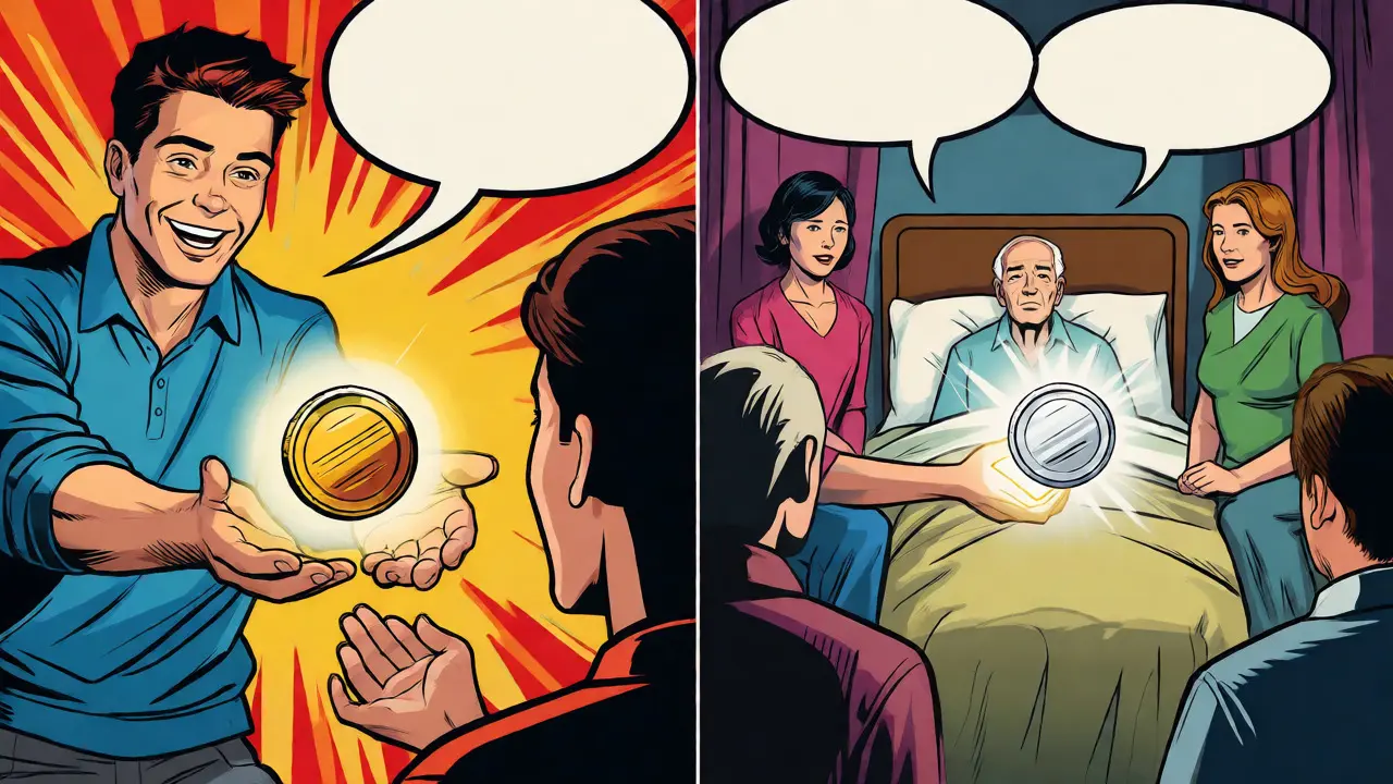 Split comic panel showing crypto gifting vs inheritance with color-coded tax basis.