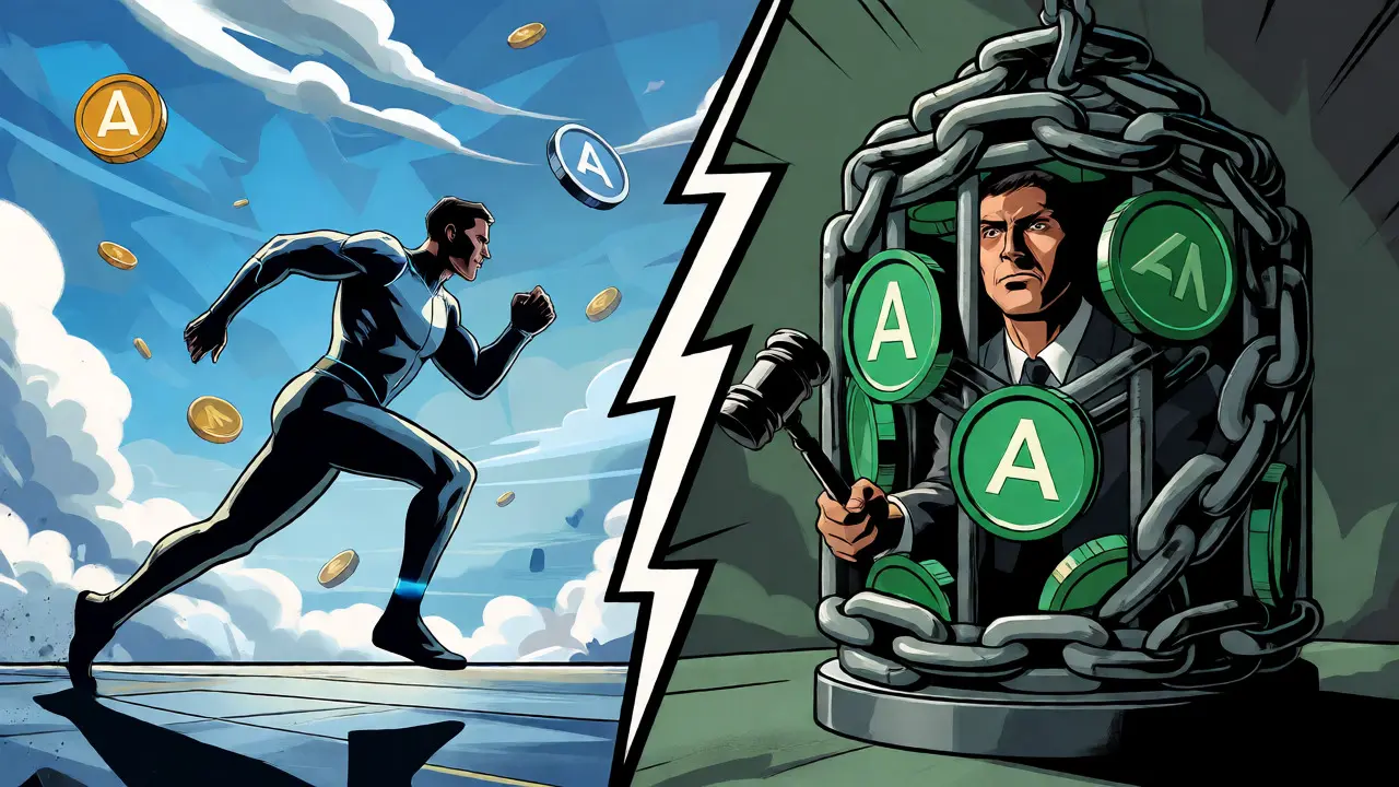 Split scene showing free runner vs caged staker with tokens