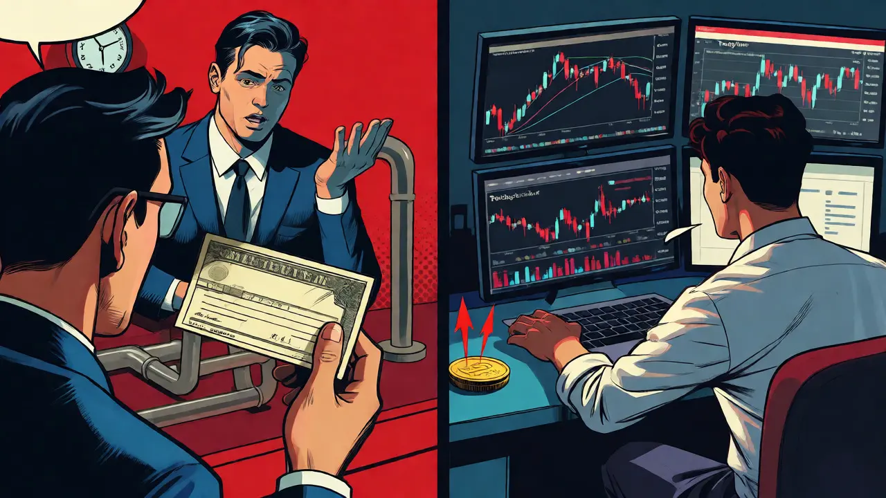 Split-screen comic showing slow wire transfer vs fast trading stress
