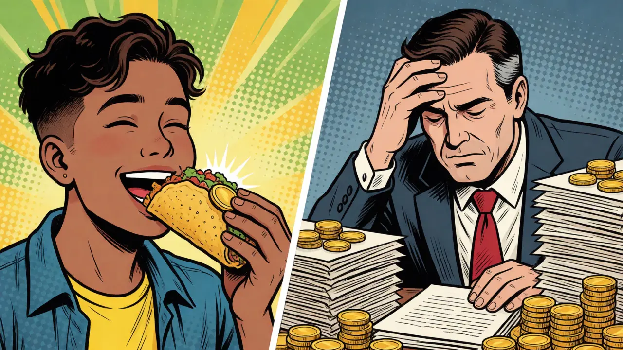 Split screen showing happy casual trader versus stressed corporate executive
