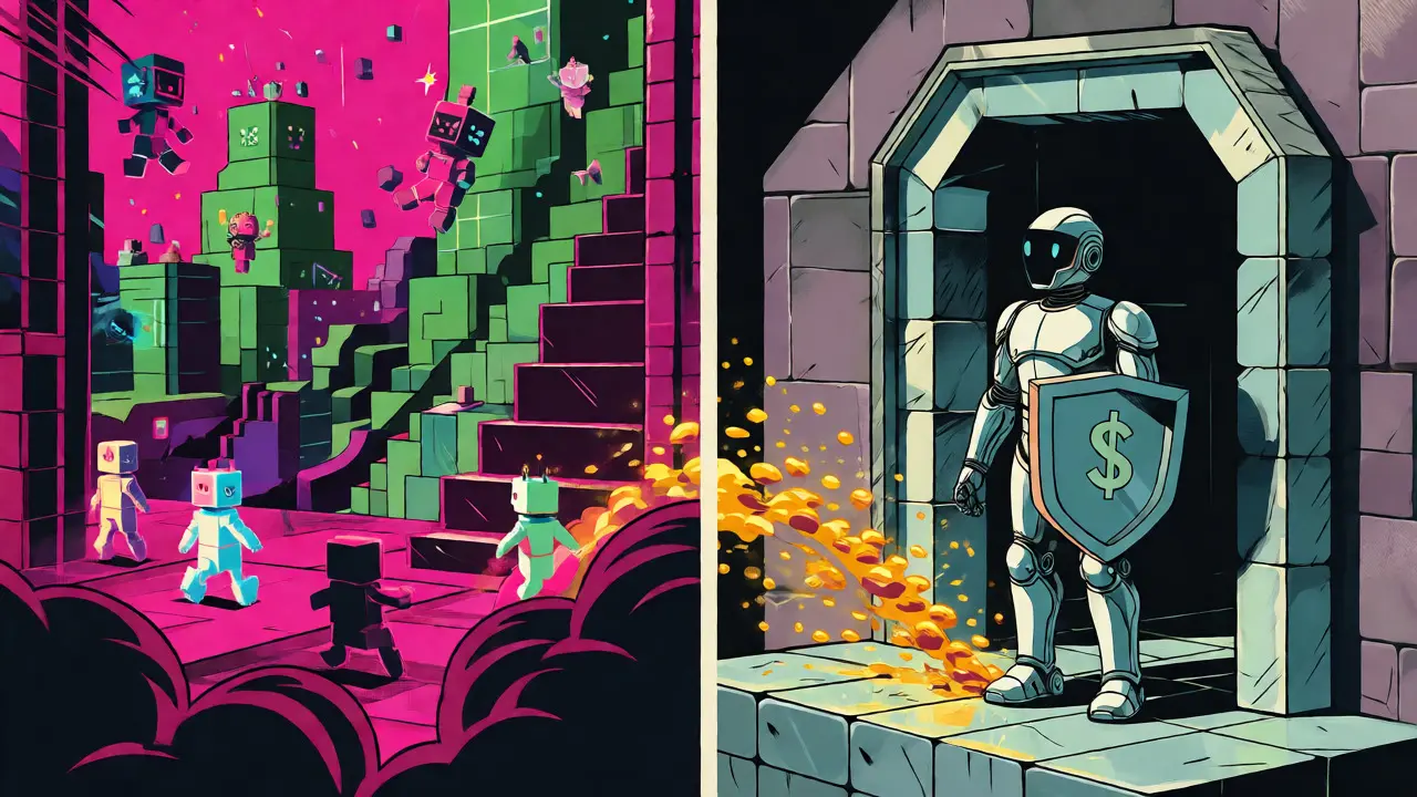 Split view showing chaotic metaverse games flowing into a stable digital vault.