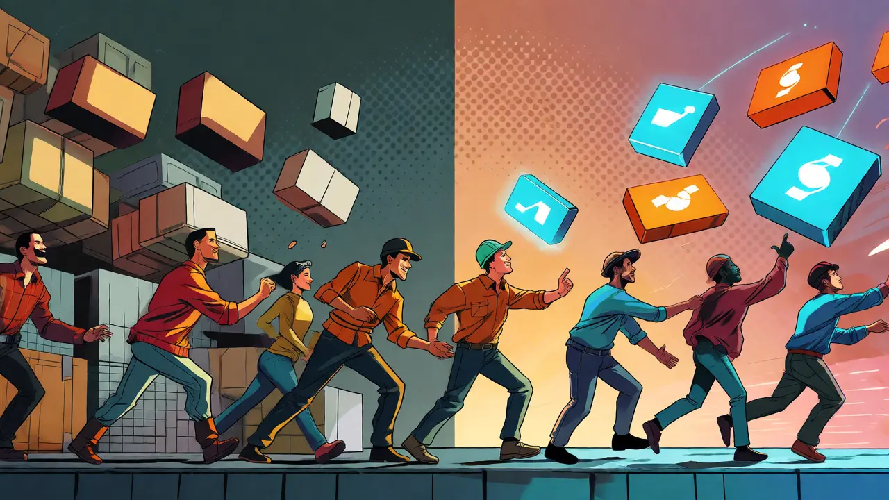 Stylized figures migrating data blocks from a complex legacy system to a sleek future network.