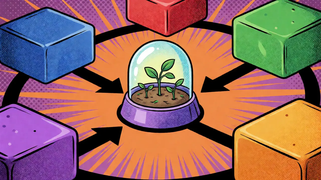 Stylized incubator nurturing digital plants amidst a multi-chain network