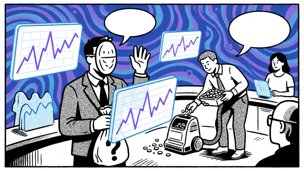 Surreal comic scene showing confusing DeFi trading with zero volume.