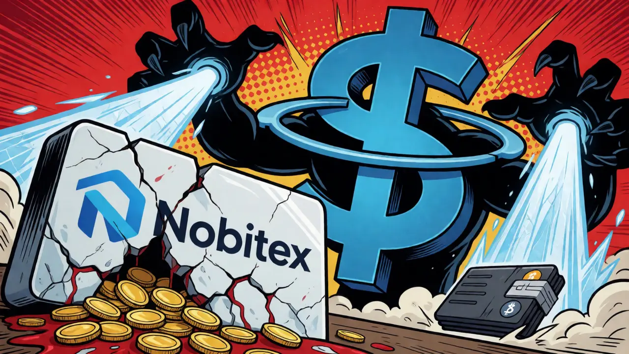 Tether monster freezing wallets near a cracked Nobitex exchange in comic art