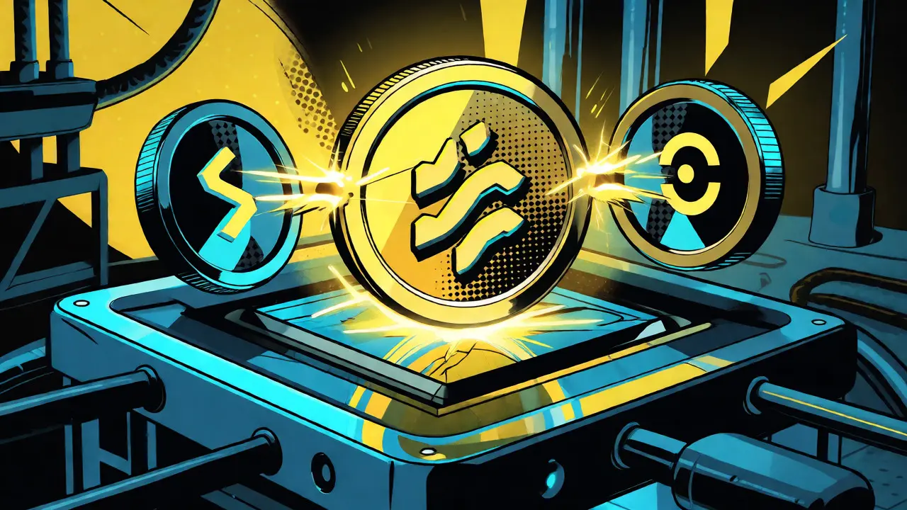 Three glowing digital coins hovering over a futuristic DeFi mining rig.