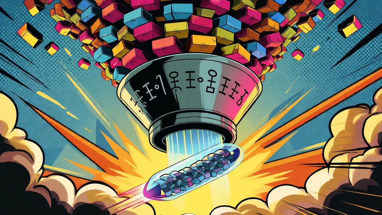 ZK-Rollup funnel compressing many transactions into one fast block in comic style