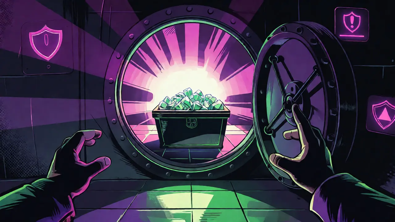 A vault opening to reveal glowing crystals surrounded by security symbols.