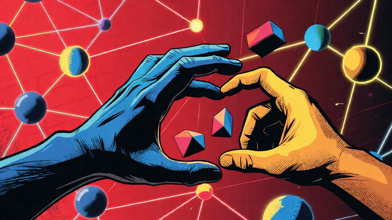 Abstract network nodes and hands grabbing tokens in vibrant comic book colors.