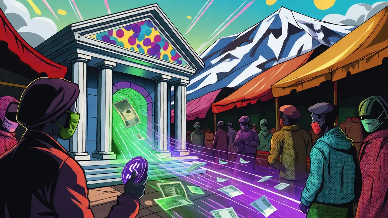 Comic style depiction of crypto exchange at a Kyrgyz bank