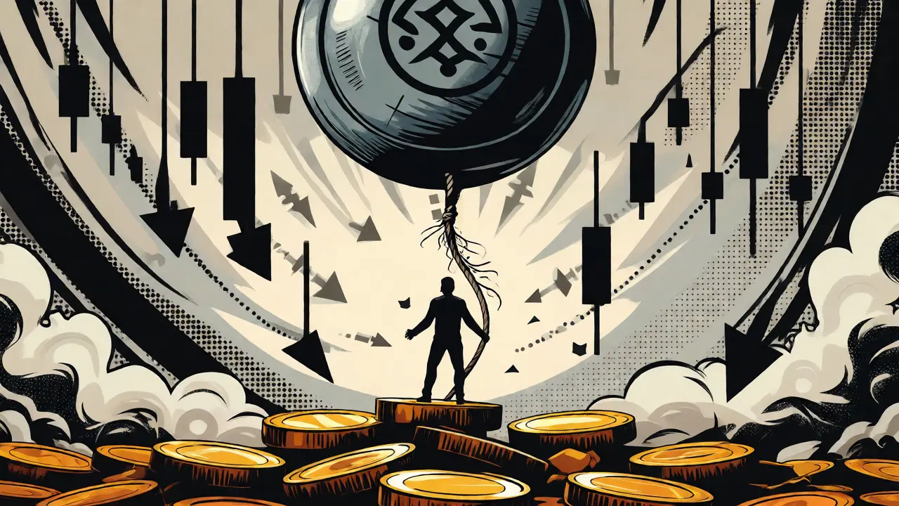 Conceptual pop art comic illustrating leverage as a heavy weight hanging by a fraying rope over a trader.