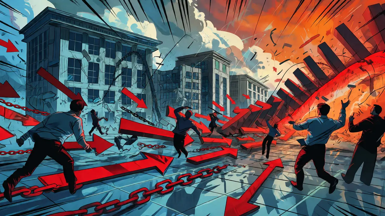 Dynamic pop art comic depicting a market crash wave sweeping away traders and causing institutional collapse.