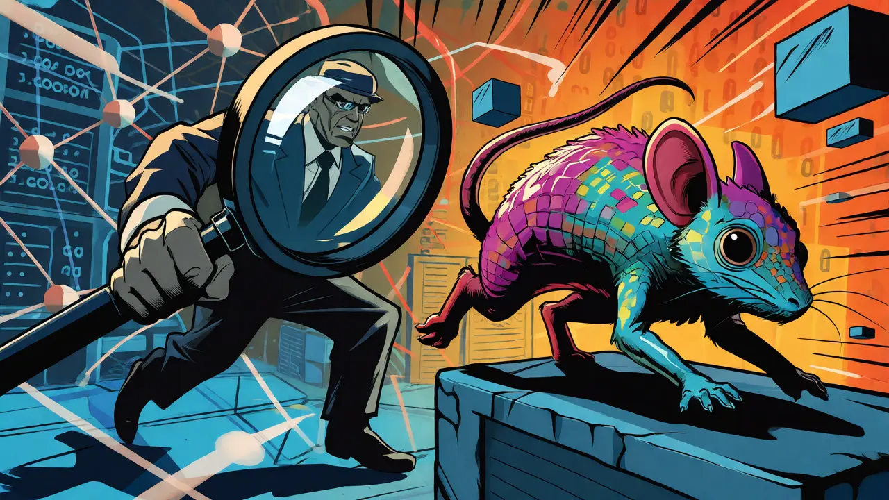 Pop art comic showing regulators chasing rebranding crypto networks